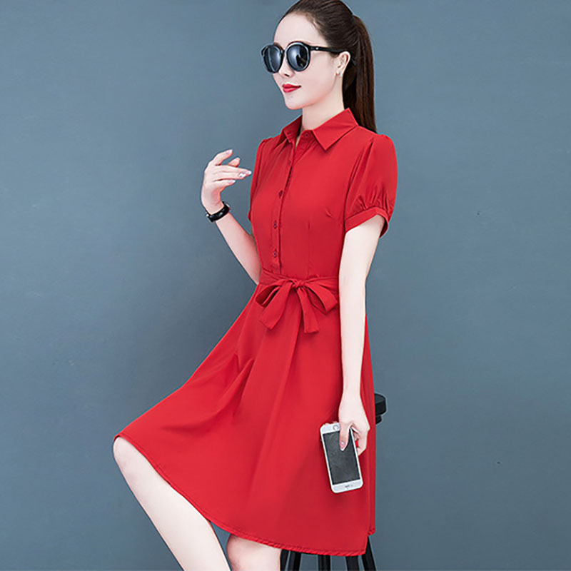 连衣裙子女装夏2024新款中长中国红系带小个子显瘦气质短袖衬衫裙