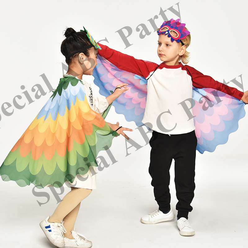 小鸟猫头鹰鹦鹉面具蝴蝶孔雀彩虹翅膀披风男女孩儿童表演服幼儿园