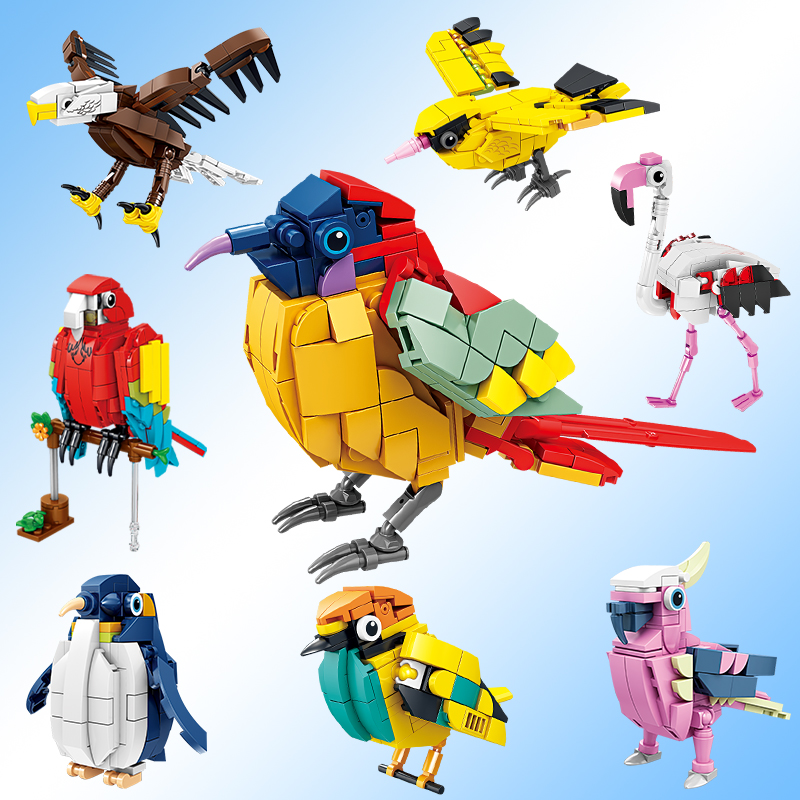 开智积木儿童益智力拼装玩具火烈鸟鹦鹉老鹰拼插拼图动物模型礼物