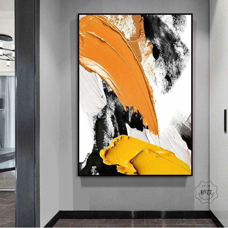 仿手绘黑白橙仿油画装饰画现代客厅抽象玄关走廊沙发背景墙挂画