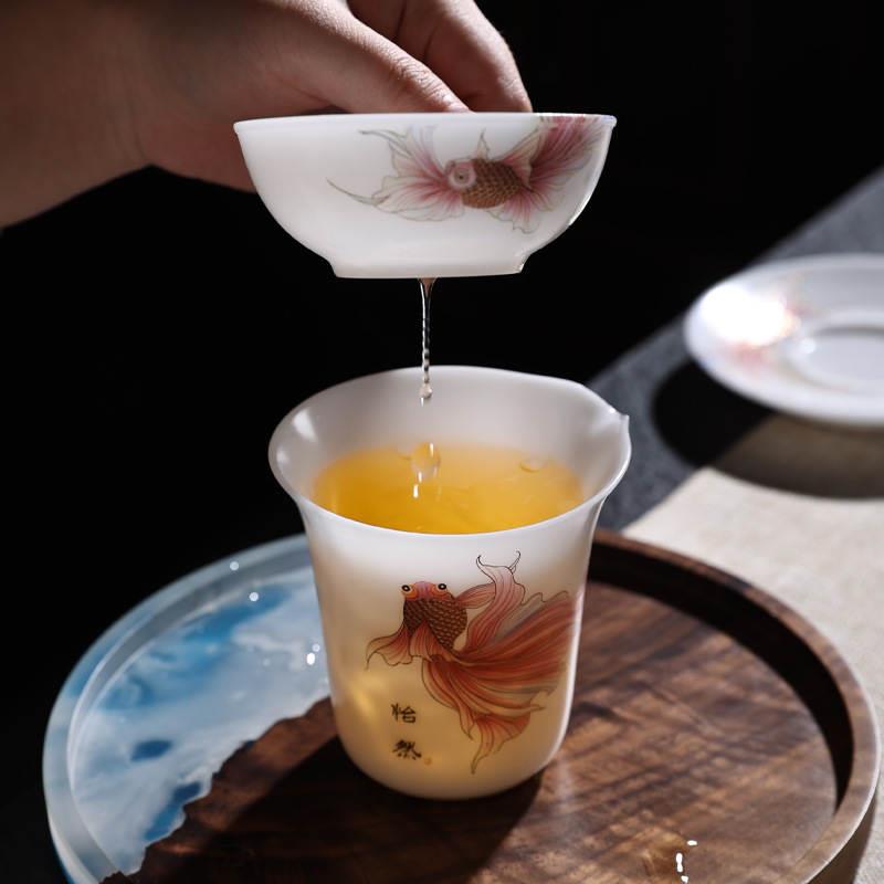 高档冰种玉瓷功夫茶具浮雕堆金鱼盖碗茶杯套装商务礼品可印制LOGO