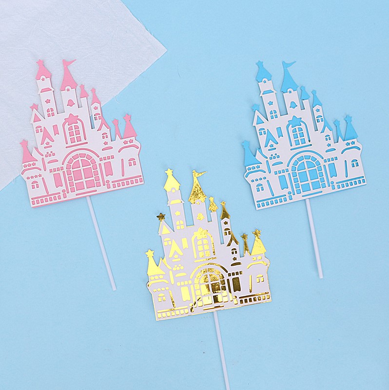 20个双层粉色蓝色金色纸质城堡插牌小公主小王子生日蛋糕装饰插件