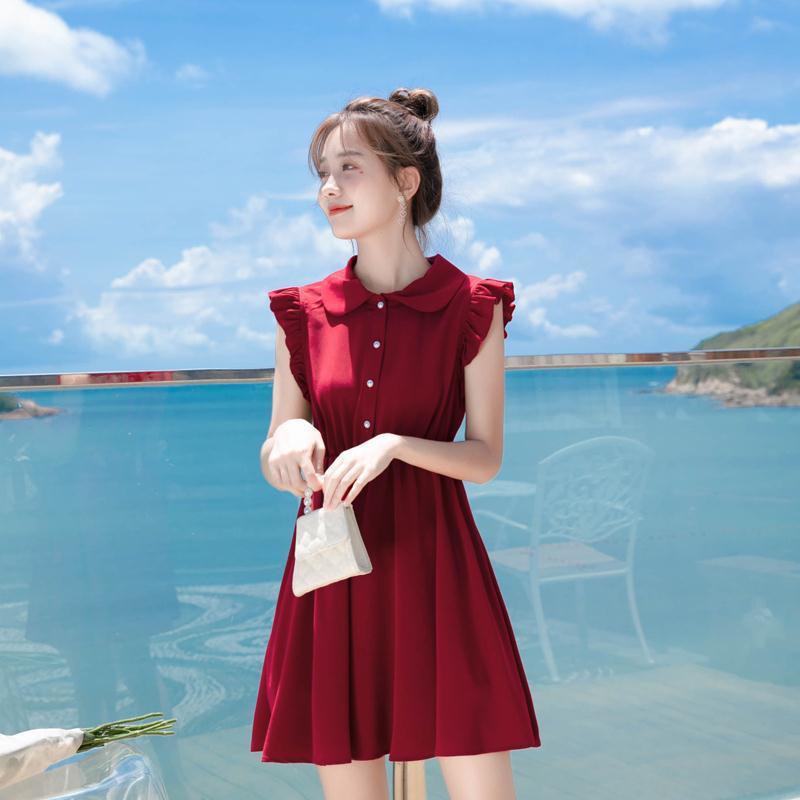 小众夏季娃娃领红色连衣裙甜美法式纯色垂感显白裙元气少女可爱风