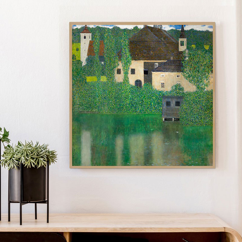 克里姆特KLIMT湖畔风景花园城堡油画高清印制正方形厚布画芯组画