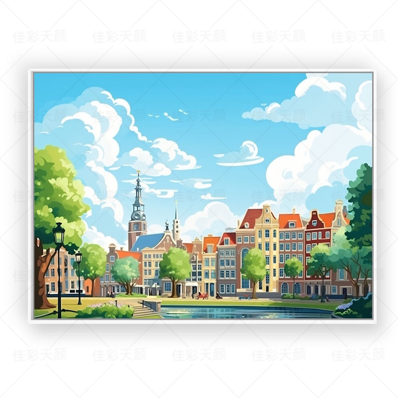 荷兰风光 数字油画diy欧式古镇风景解压简单手工涂鸦画填色装饰画