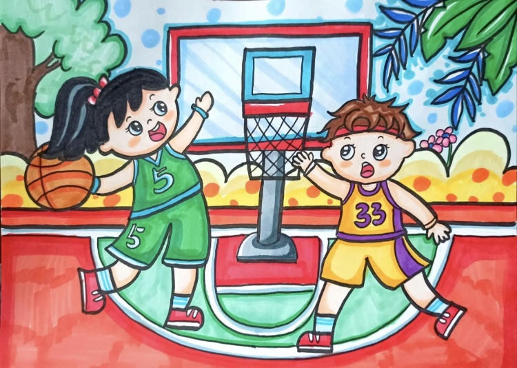 我爱运动篮球校园喜爱儿童画手抄报模板电子小学生简笔画绘画创意