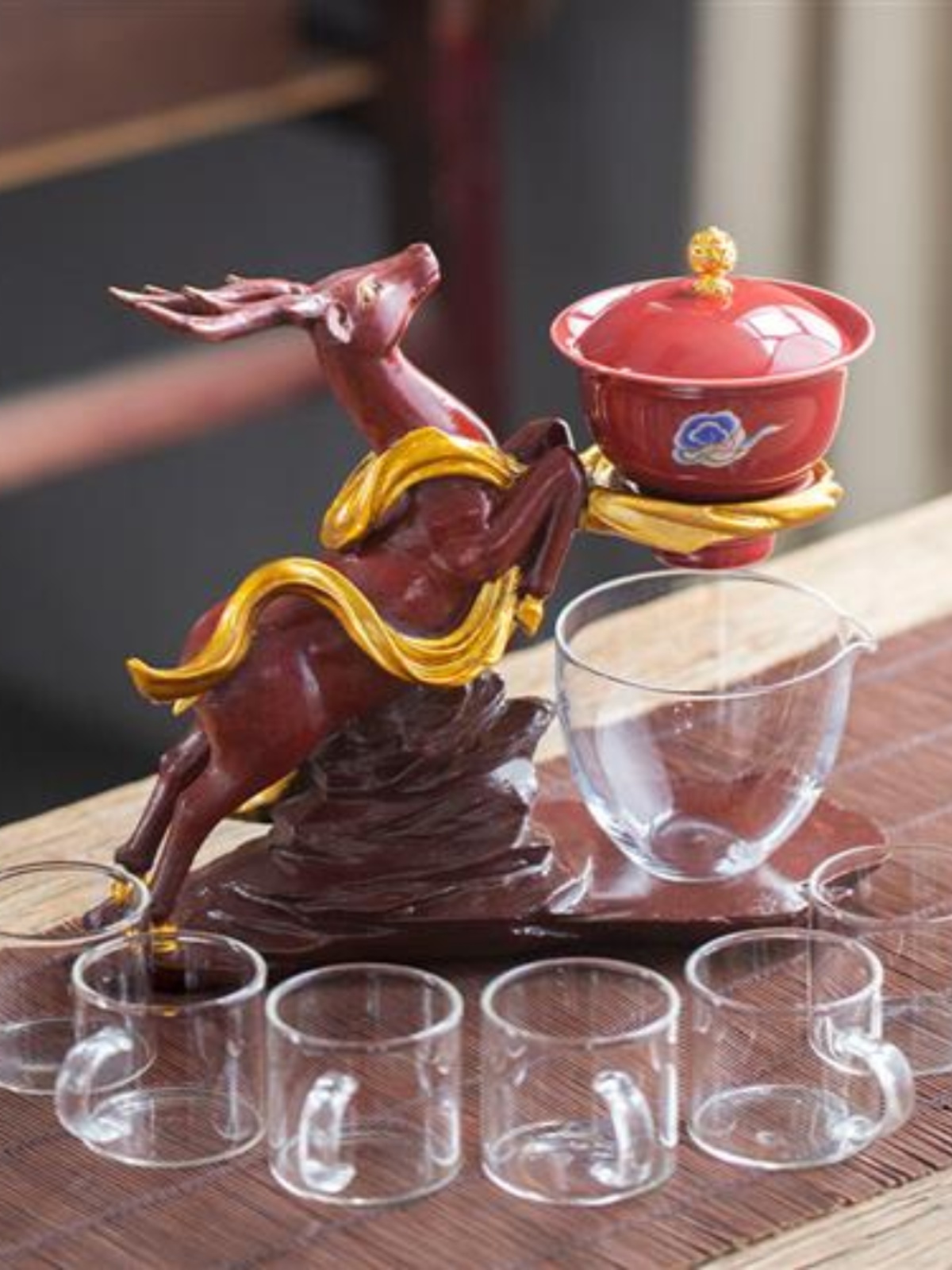 厂高档一鹿连升自动茶具陶瓷玻璃懒人泡茶器创意茶具套装家用磁库