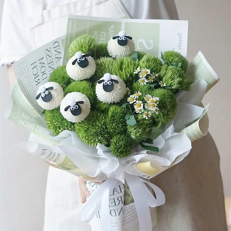 新款乒乓菊diy材料包可爱小羊套装表情卡通笑脸儿童花束造型
