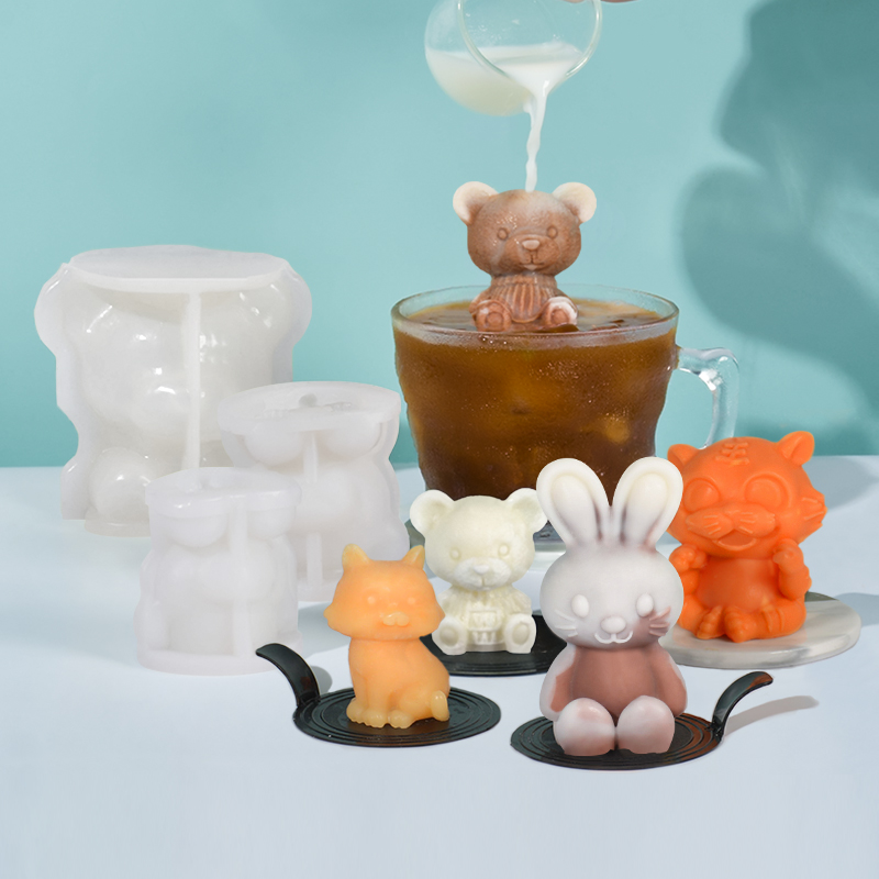 3D卡通兔子小熊冰块模具猫狗老虎太空人咖啡奶茶网红动物硅胶冰格
