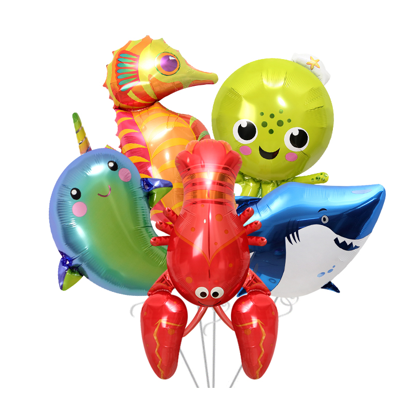 派对装饰布置玩具汽球海洋鱼造型卡通铝膜气球柱龙虾海豚鲨鱼螃蟹