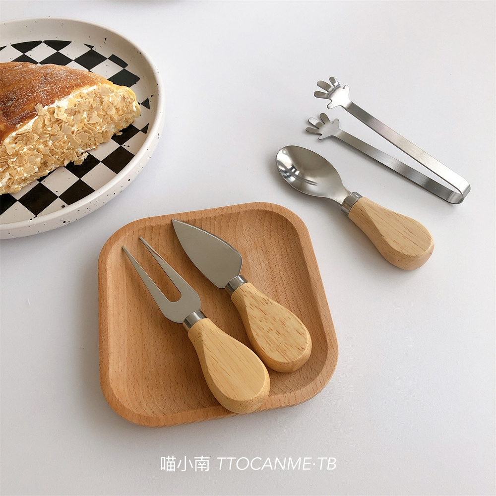 (吃意面 披萨 烤肠)ins水果叉小刀勺子可爱创意实木柄不锈钢小众
