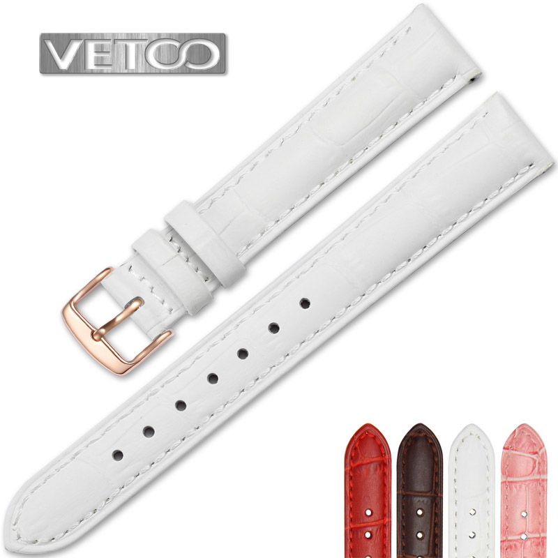 维途真皮手表带女 白色粉红色 玫瑰金针扣 适用天王卡西欧天梭
