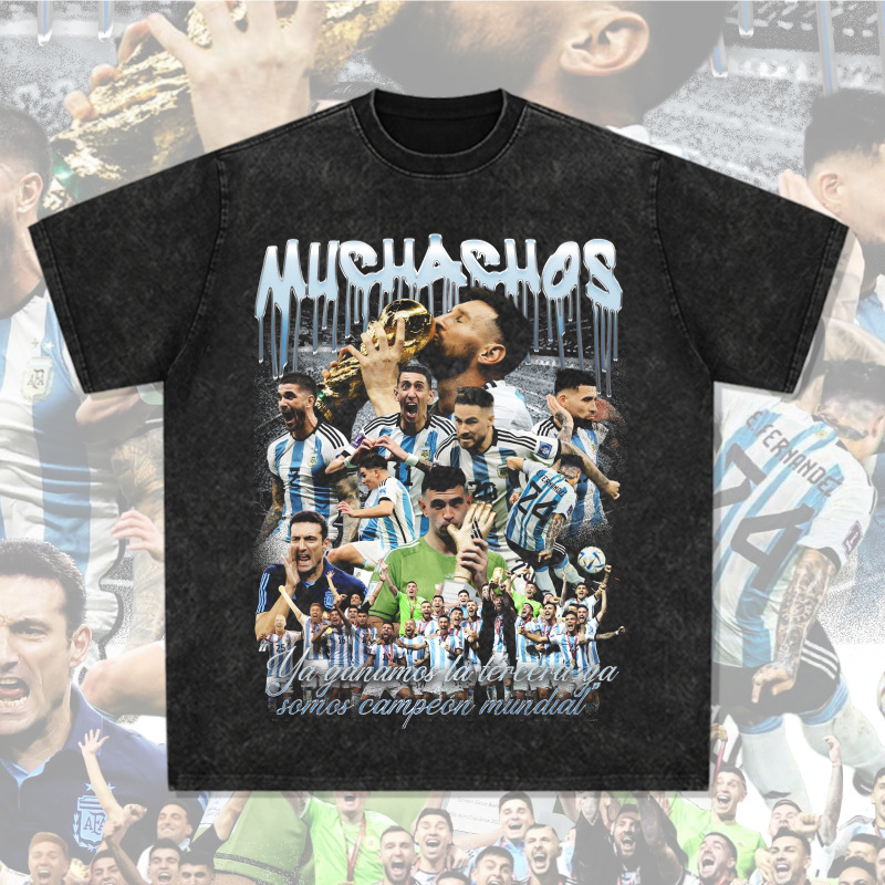 梅西阿根廷夺冠美式球星街头嘻哈潮牌复古印花做旧水洗宽松短袖