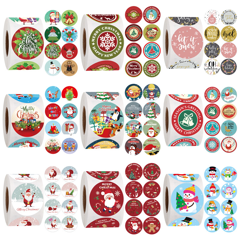 500张/卷圣诞快乐贴纸动物雪人树图案节日装饰包装礼品盒圣诞标签