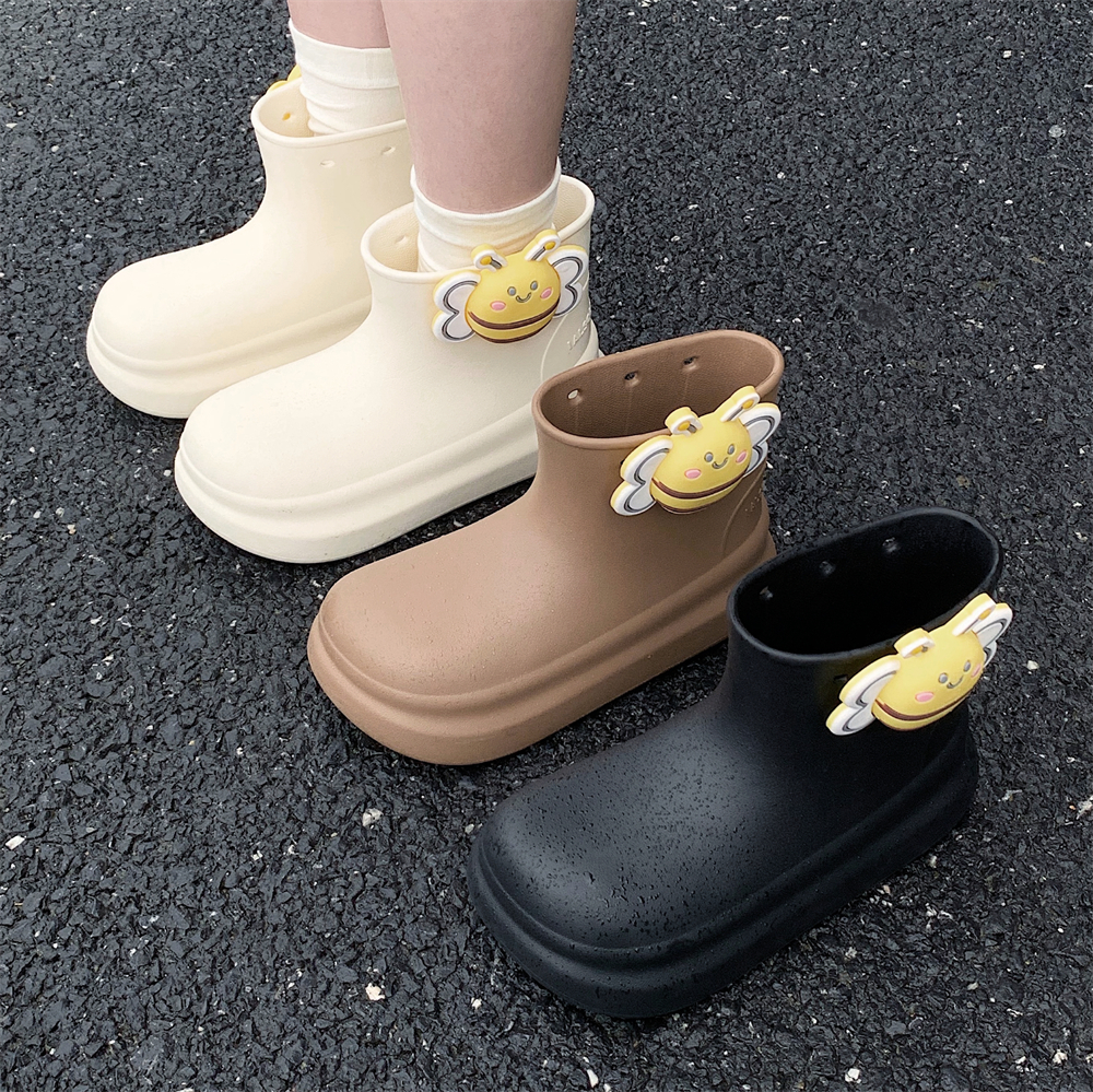 防滑防水外穿新款短筒雨鞋胶鞋卡通小蜜蜂休闲厚底四季通用雨靴女