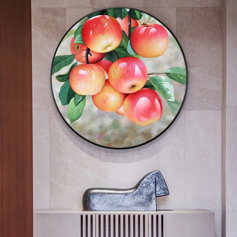 新中式苹果水果圆形玄关油画手绘欧式餐厅挂画美式简约轻奢装饰画