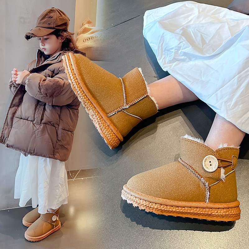 儿童靴女童鞋子冬季男童短靴子加绒加厚保暖雪地棉鞋休闲人造革