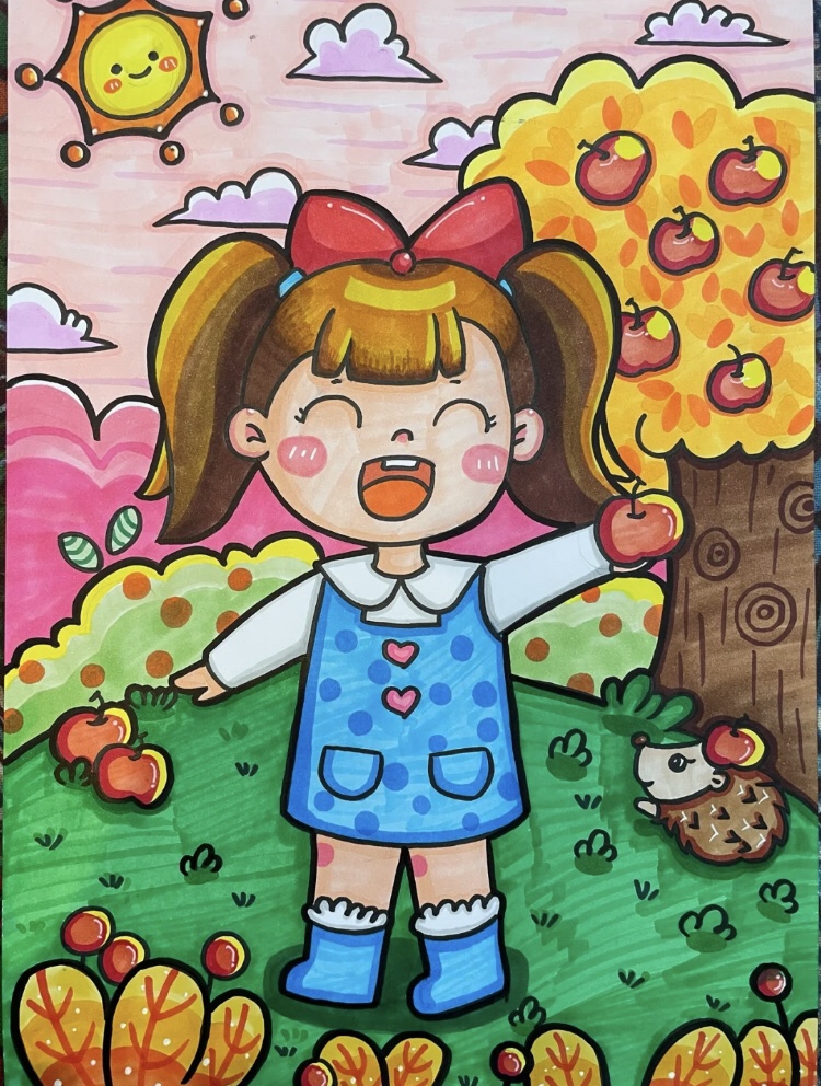 秋天的田野儿童画模板手抄报小学一二三丰收手绘线稿主题绘画果实