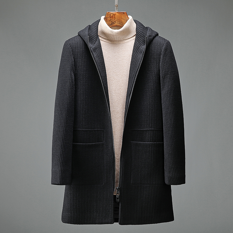 奢华品质 粗针毛线连帽夹棉羊毛外套 冬季男士加厚保暖中长款大衣