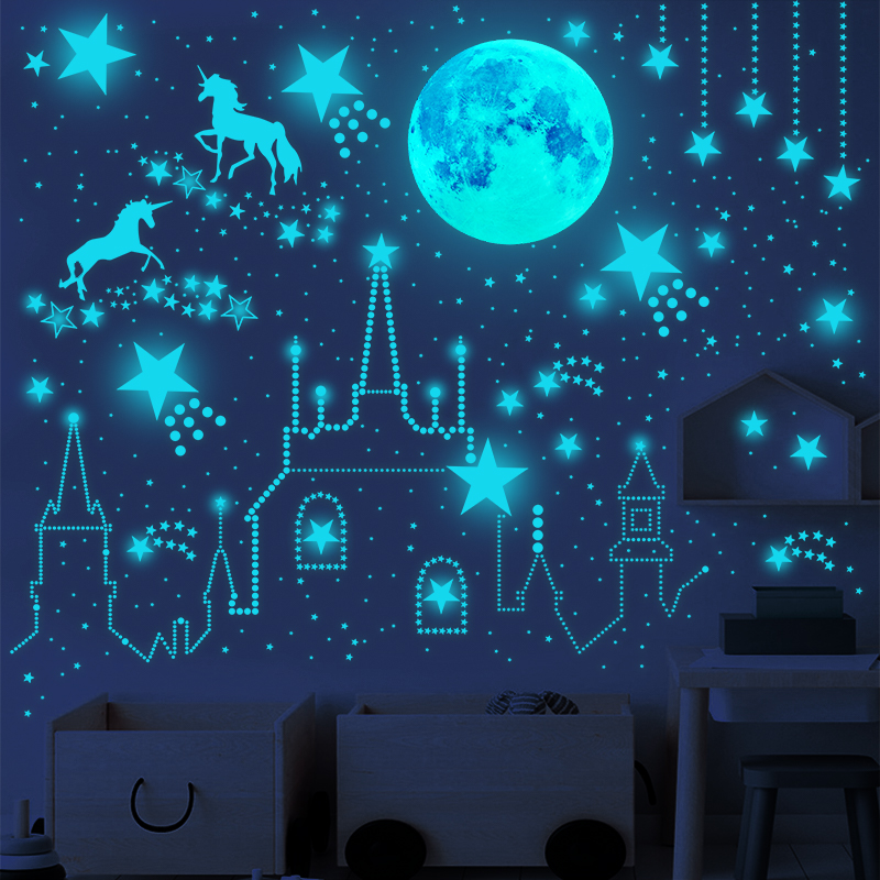 夜光星星月球独角兽星空墙壁顶天花板儿童房卧室装饰自粘荧光贴纸