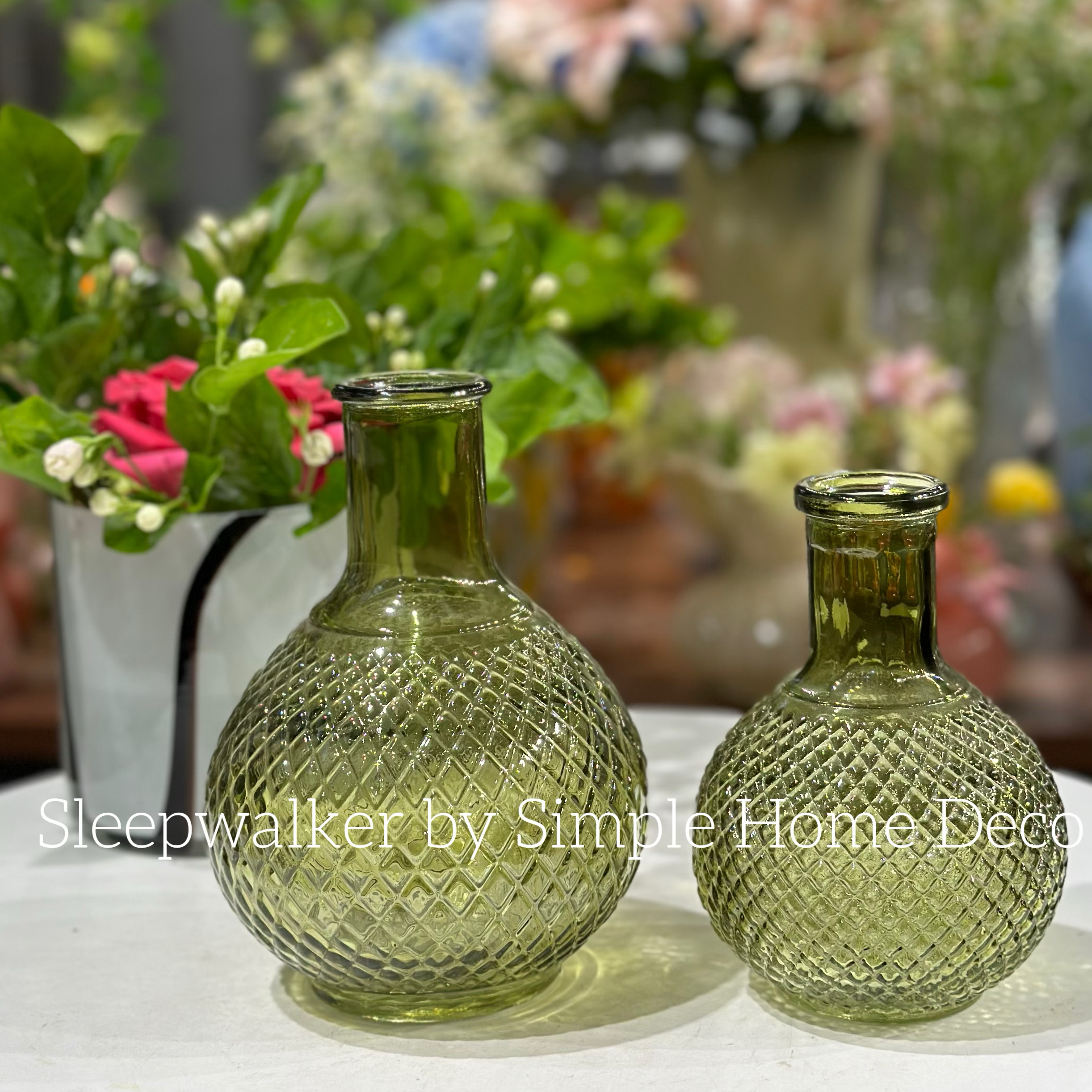 福利组合 9.9两个透明粉色绿色复古玻璃花瓶 花器摆件