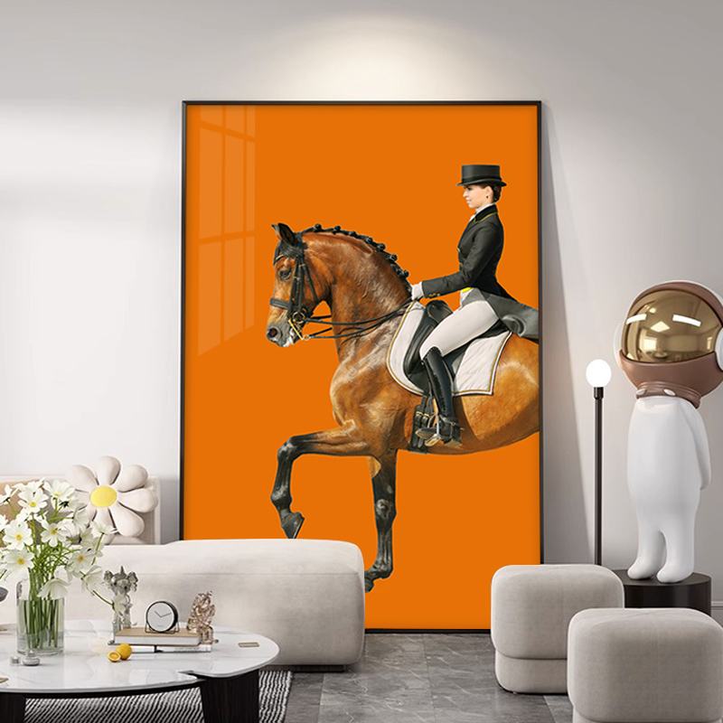 橙色美女骑士挂画骑马人物玄关壁画北欧马术客厅沙发背景墙装饰画