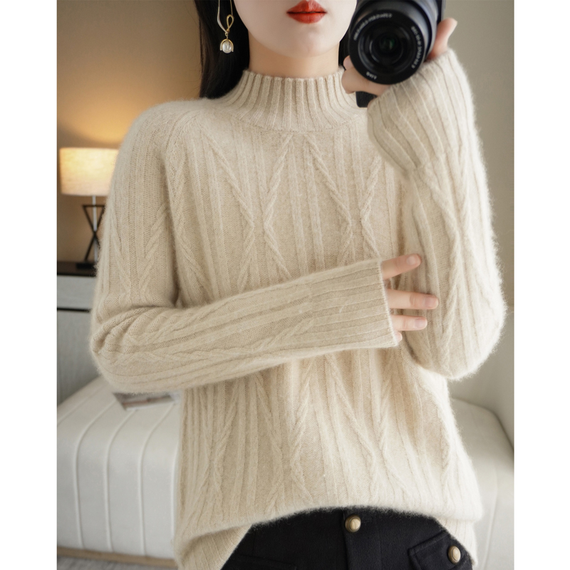 2023年秋冬季新款女士纯色套头打底衫100%纯羊毛针织半高领毛衣女
