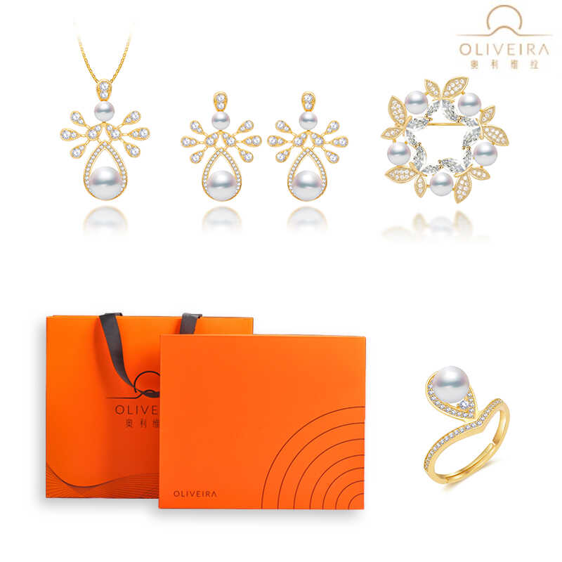 奥利维拉白色淡水珍珠套装Q27时尚橙红色包装送礼首选装扮靓丽