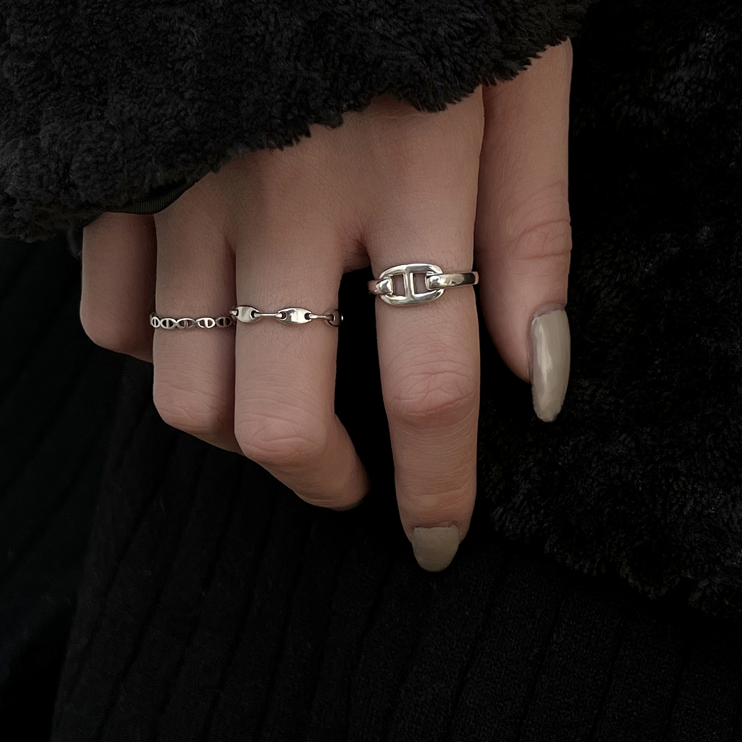 日韩S925纯银戒指女款个性时尚小众设计感复古几何猪鼻指环银饰