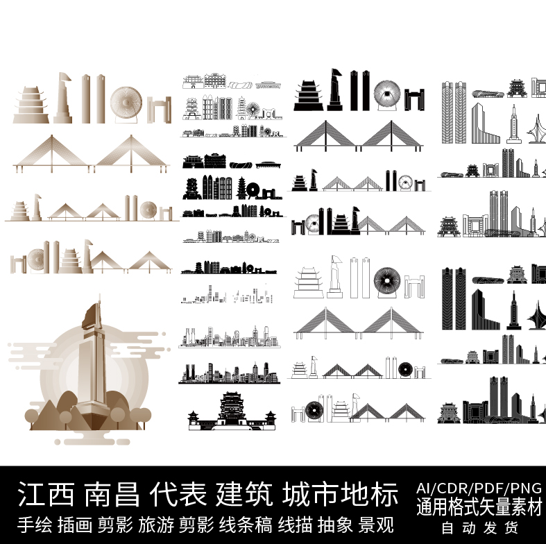 南昌江西建筑地标城市天际线条描稿剪影景观手绘旅游插画设计素材