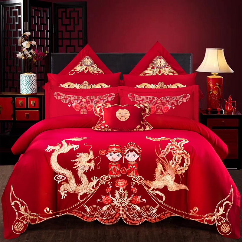 新中式结婚全棉刺绣四件套大红色纯棉绣花被套婚庆多件套床上用品