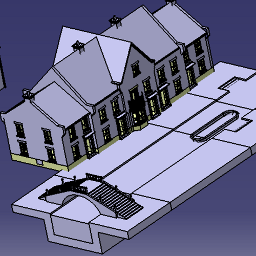 房屋子别墅小桥流水小河3D三维几何数模型两层楼房1:1比例模型stp