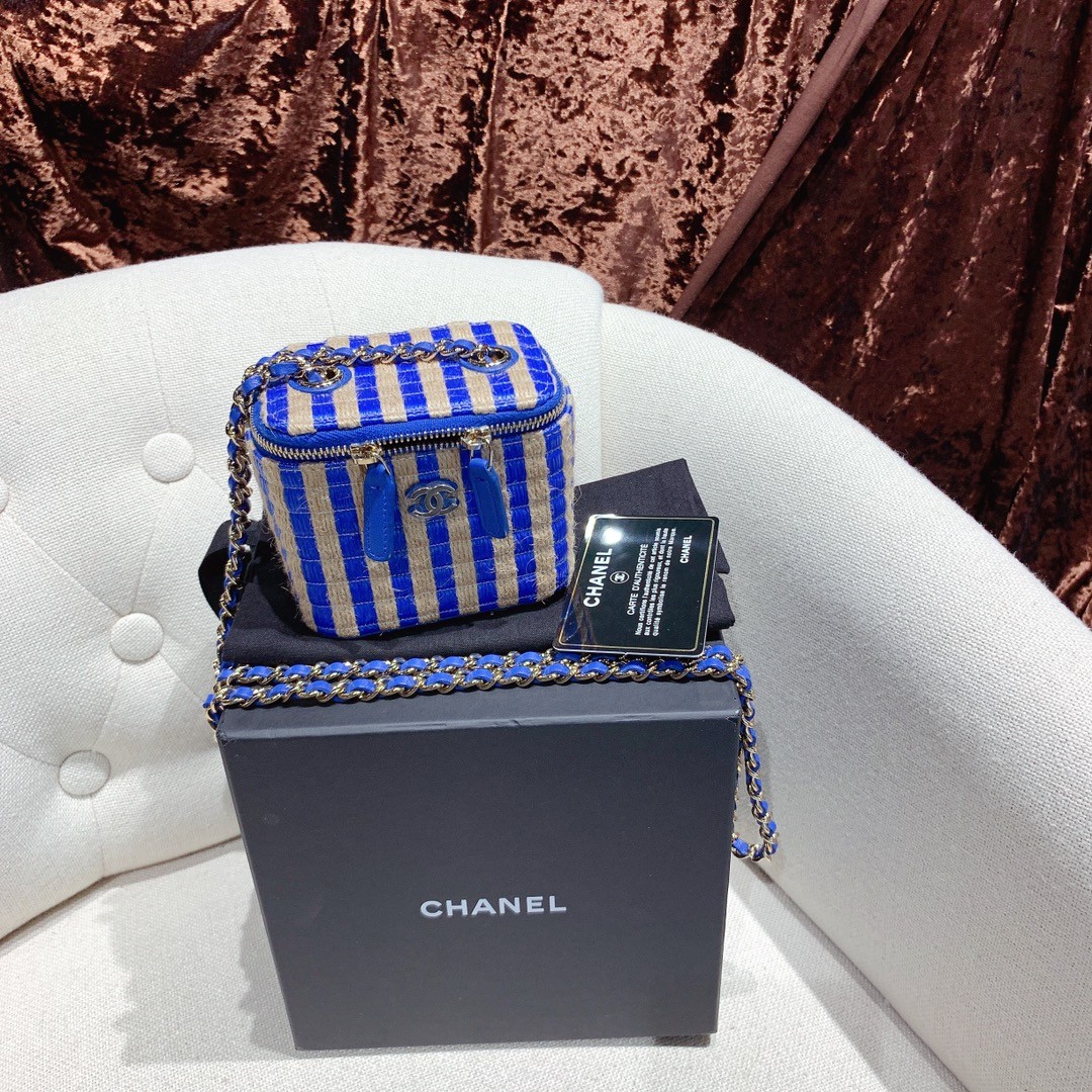 Chanel/香奈儿 拉菲草系列 编织条纹 蓝色拼色盒子包