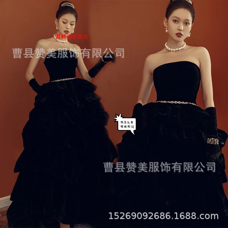 22迪丽热巴同款高端黑色复古赫本风丝绒抹胸婚纱礼服影楼主题服装