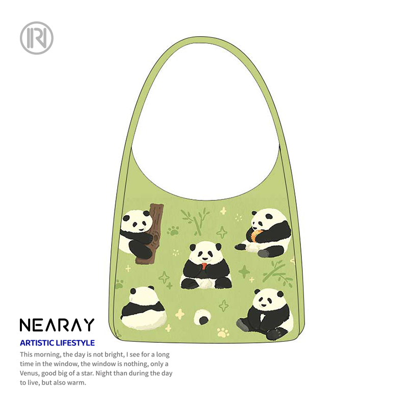 尼睿x比菜菜 原创熊猫插画单肩包绿色可爱帆布包便携大容量学生包