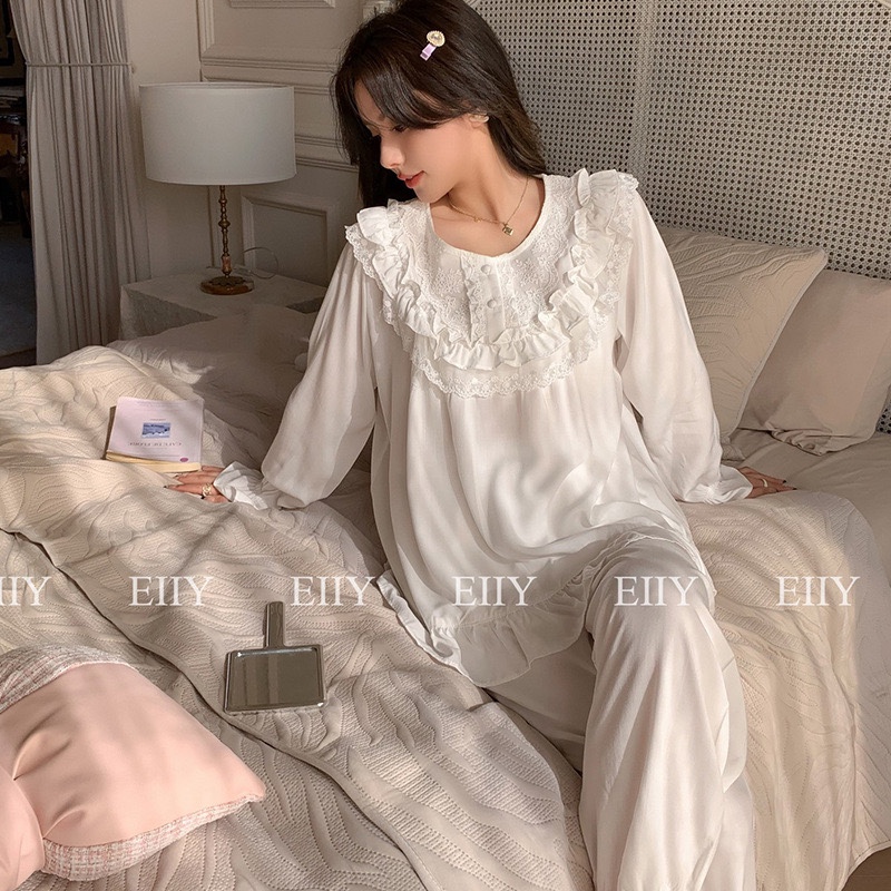 艾蕾春季新品 韩系甜美圆领法式蕾丝花边棉绸丝棉公主睡衣家居服