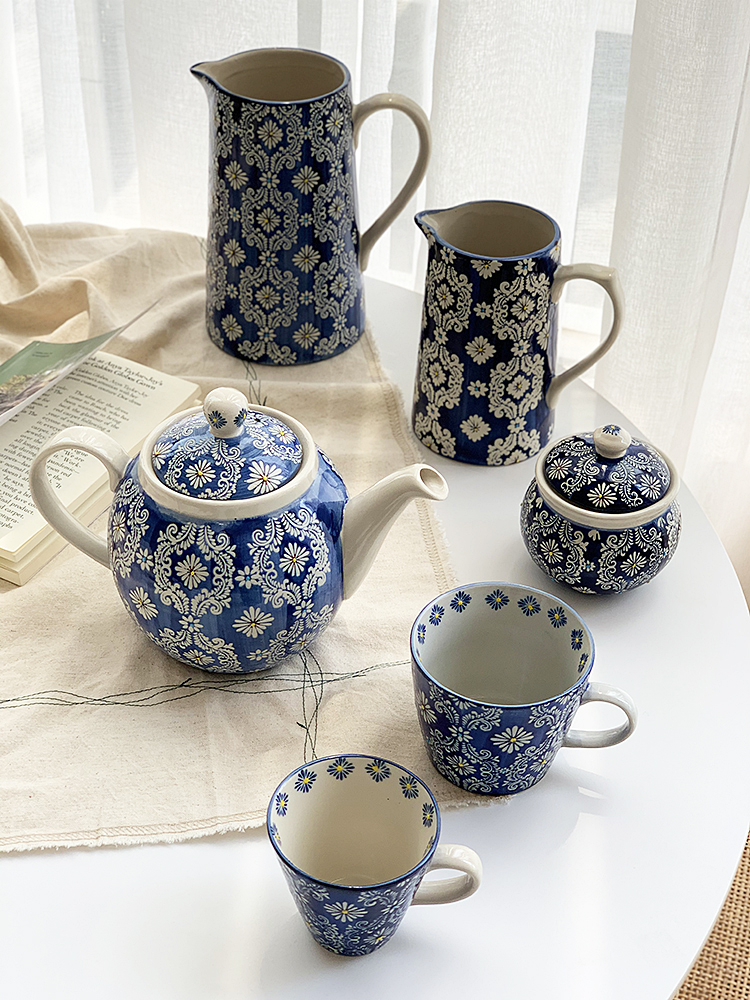 安木良品 外贸原单 法式重工艺立体青花手绘陶瓷花瓶罐茶壶咖啡杯