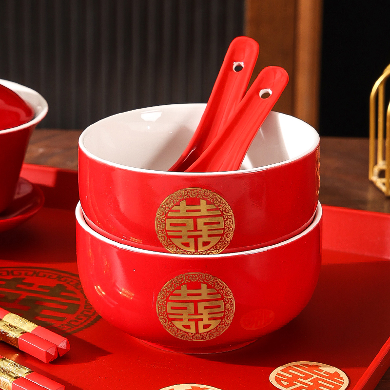 喜碗结婚对碗筷勺套装红色一对陶瓷碗女方陪嫁专用饺子碗婚庆用品