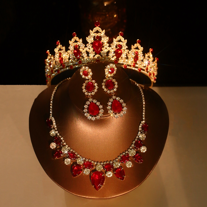 新娘红色水晶皇冠项链耳环套装三件套婚纱配饰女