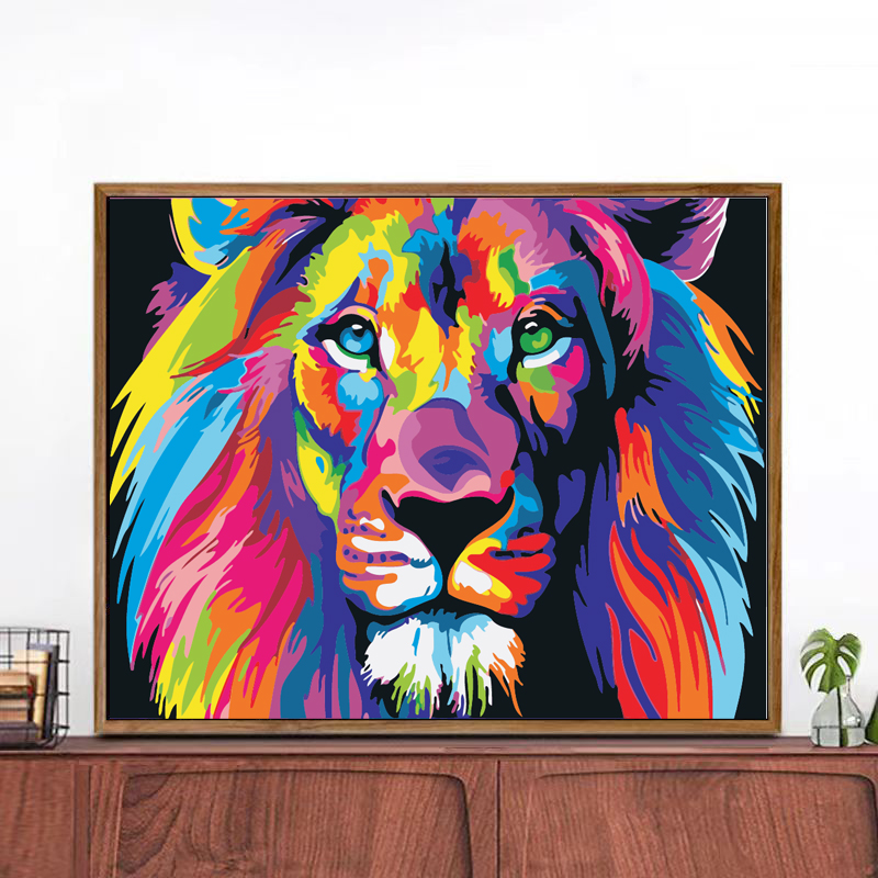 数字油画diy简易彩色动物填充涂色画手工水彩治愈减压画老虎狮子