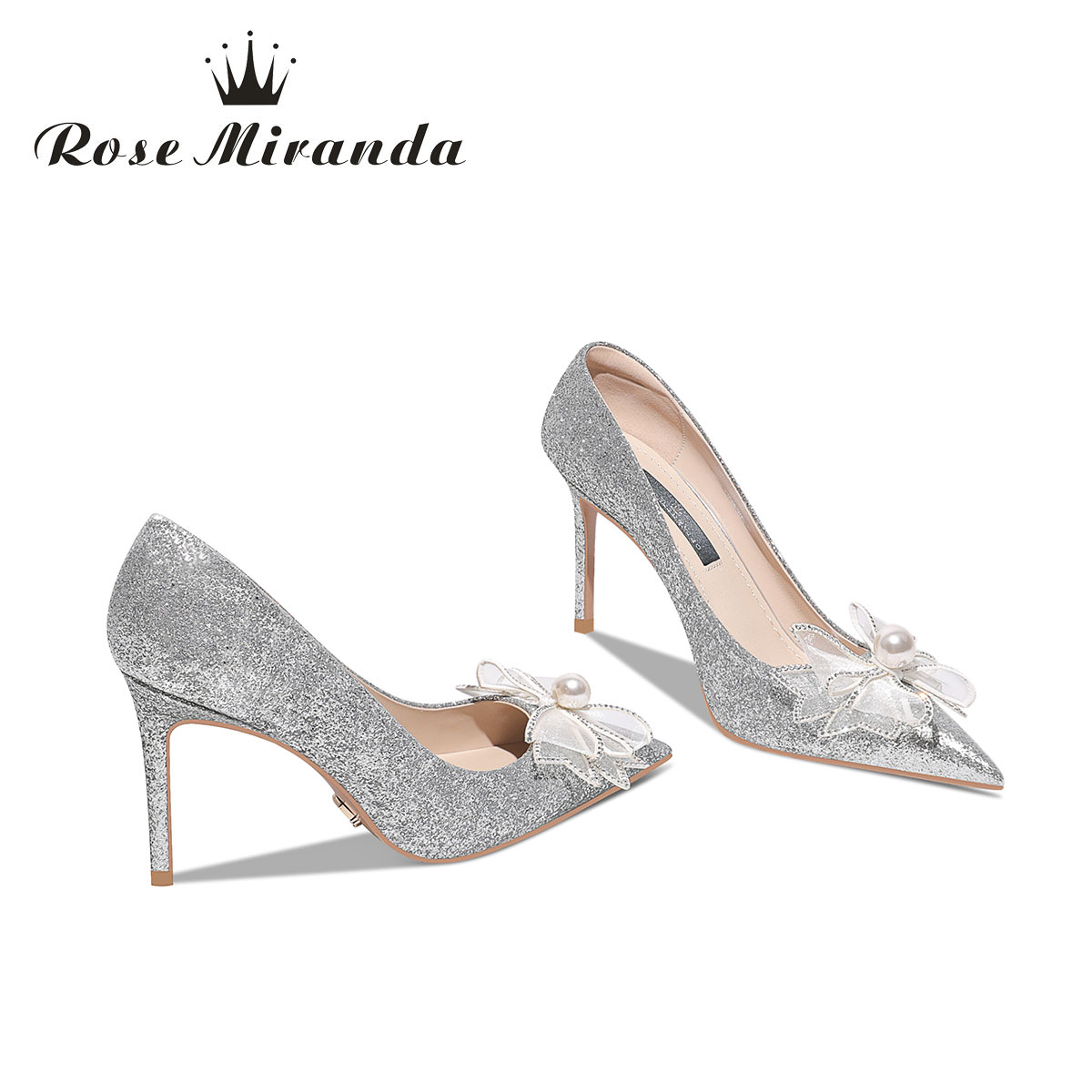 【rose miranda】纪念日高跟鞋珍珠水钻蝴蝶结尖头婚鞋手工高跟鞋