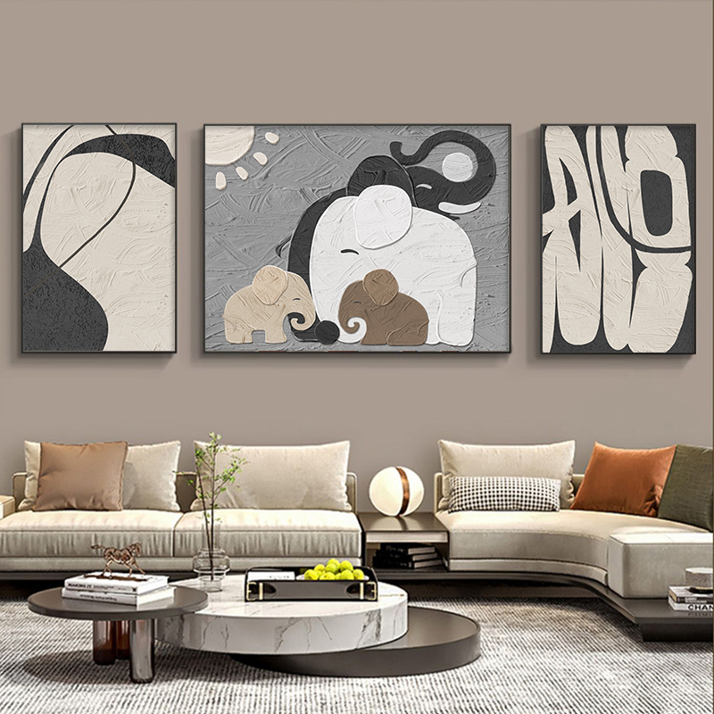 现代黑白客厅装饰画高档大气沙发背景墙挂画侘寂风三联画大象壁画