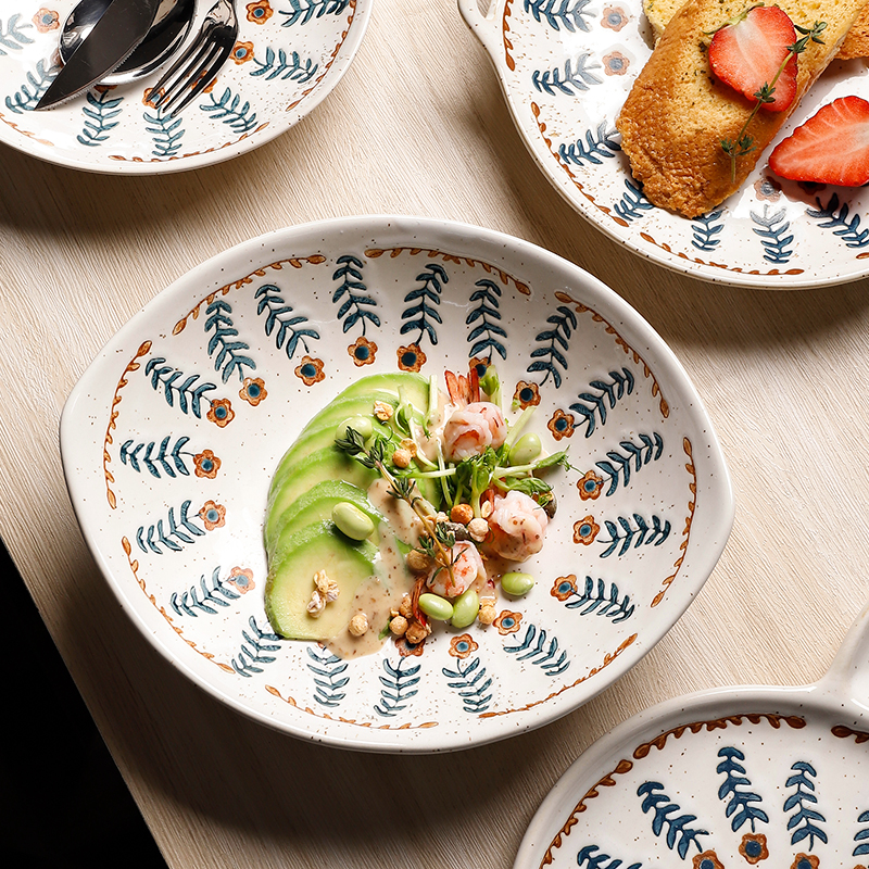 日式复古风碗碟盘子米饭碗粗陶家用饺子盘沙拉盘面碗套装组合菜盘