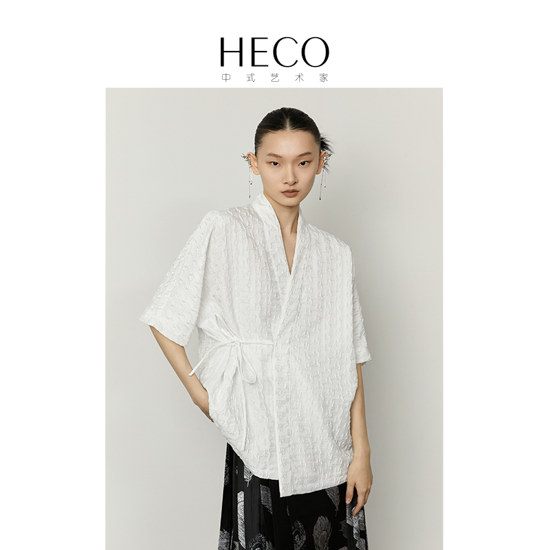 HECO【素清】新中式国风衬衫女装2024千鸟格肌理斜襟V领短袖上衣