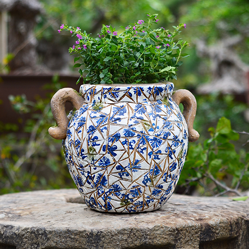 新中式仿古手工彩绘青花盆摆件庭院花园阳台户外家居装饰瓦罐花器