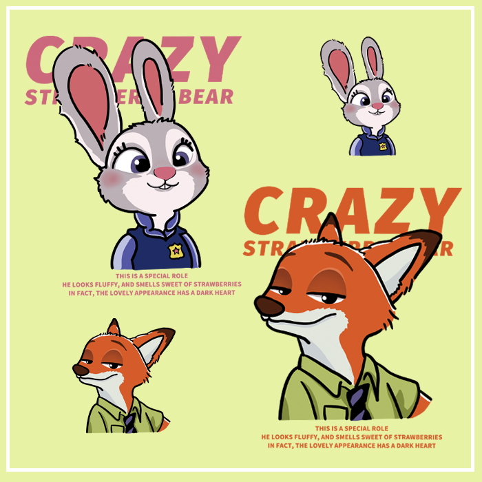 新款卡通兔子警官和狐狸尼克图案热转印情侣衣服印花贴柯式烫画贴