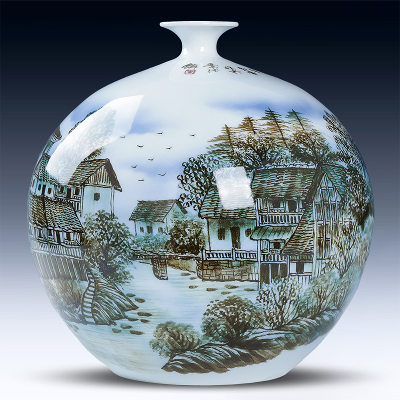 景德镇陶瓷器手绘山村晓韵石榴瓶花瓶中式家居玄关装饰工艺品摆件