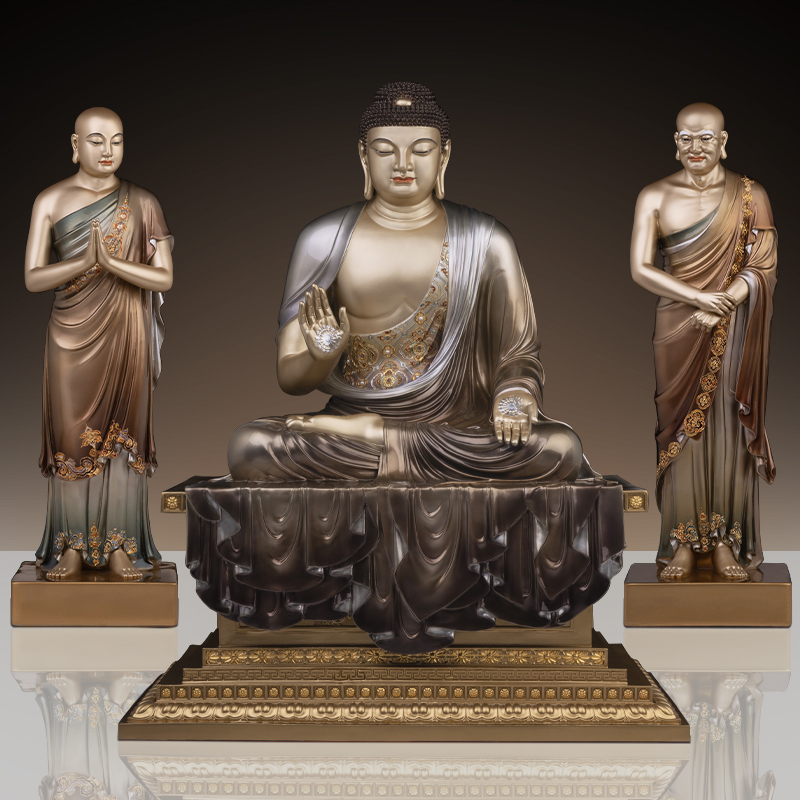 铜雕释迦牟尼佛佛像家用供奉释迦摩尼佛说法像阿难迦叶护法像摆件