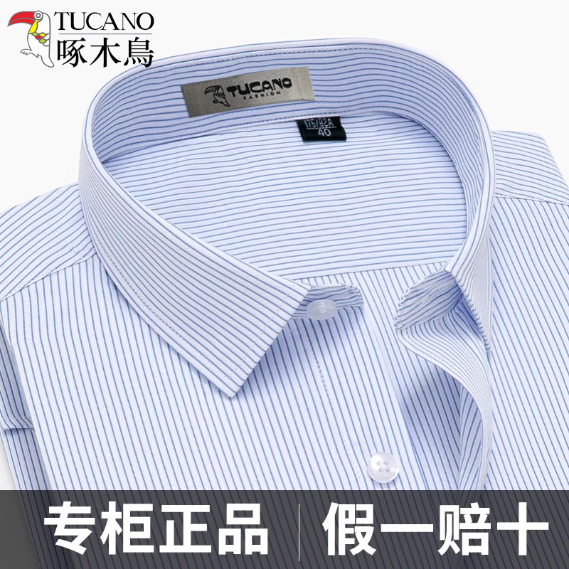 啄木鸟蓝色条纹衬衫男士短袖长袖夏季商务正装职业中青年棉白衬衣