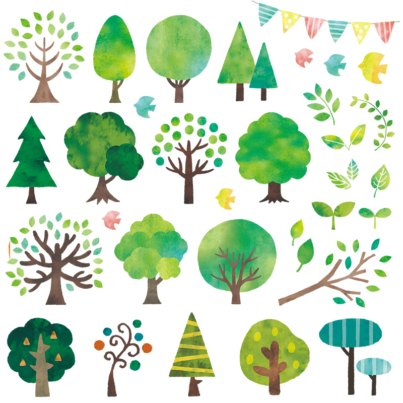 可爱手绘水彩卡通植物森林树木叶子图案插画AI矢量设计素材背景